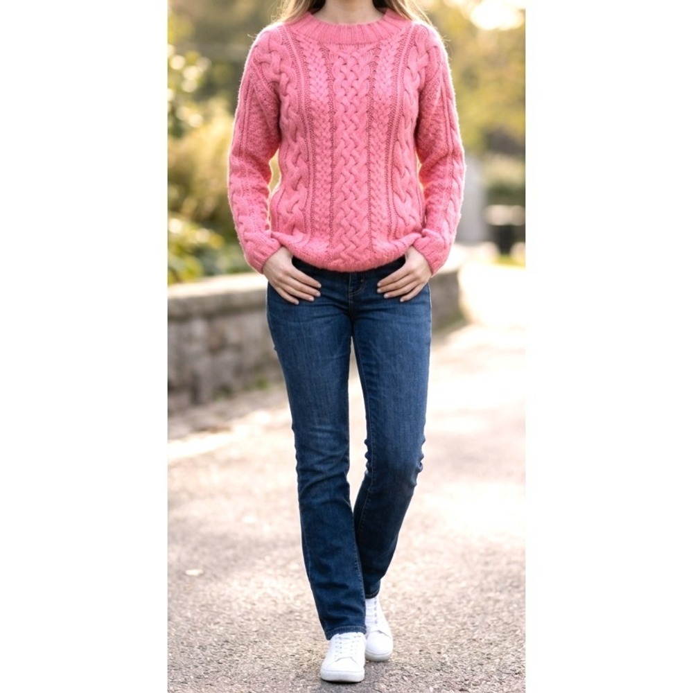 SIBA Vibrant Pink Preppy Cable Knit Cottagecore Sweater Lambswool Angora Blend S